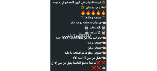 فرصه للشباب في كبرى المصانع في مدينه العاشر من رمضان