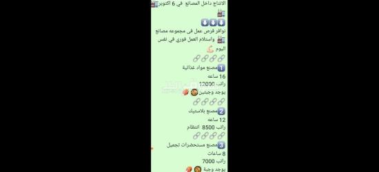 فرص عمل لتشغيل خطوط  انتاج في مصانع اكتوبر الححححق فرصتك